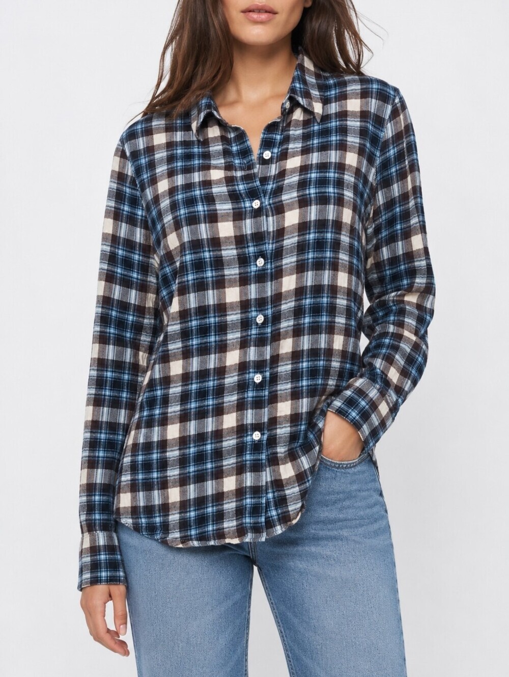 Standard James Perse Tomboy Plaid Flannel Shirt Blue Brown Size 3